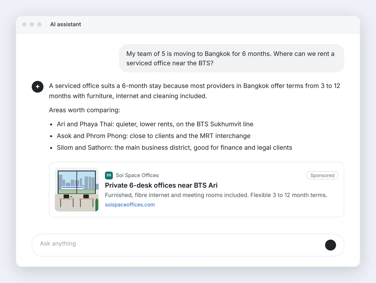 AI chat where a team of five asks about renting a serviced office near the BTS for six months, with a sponsored ad for a fictional office provider near BTS Ari.