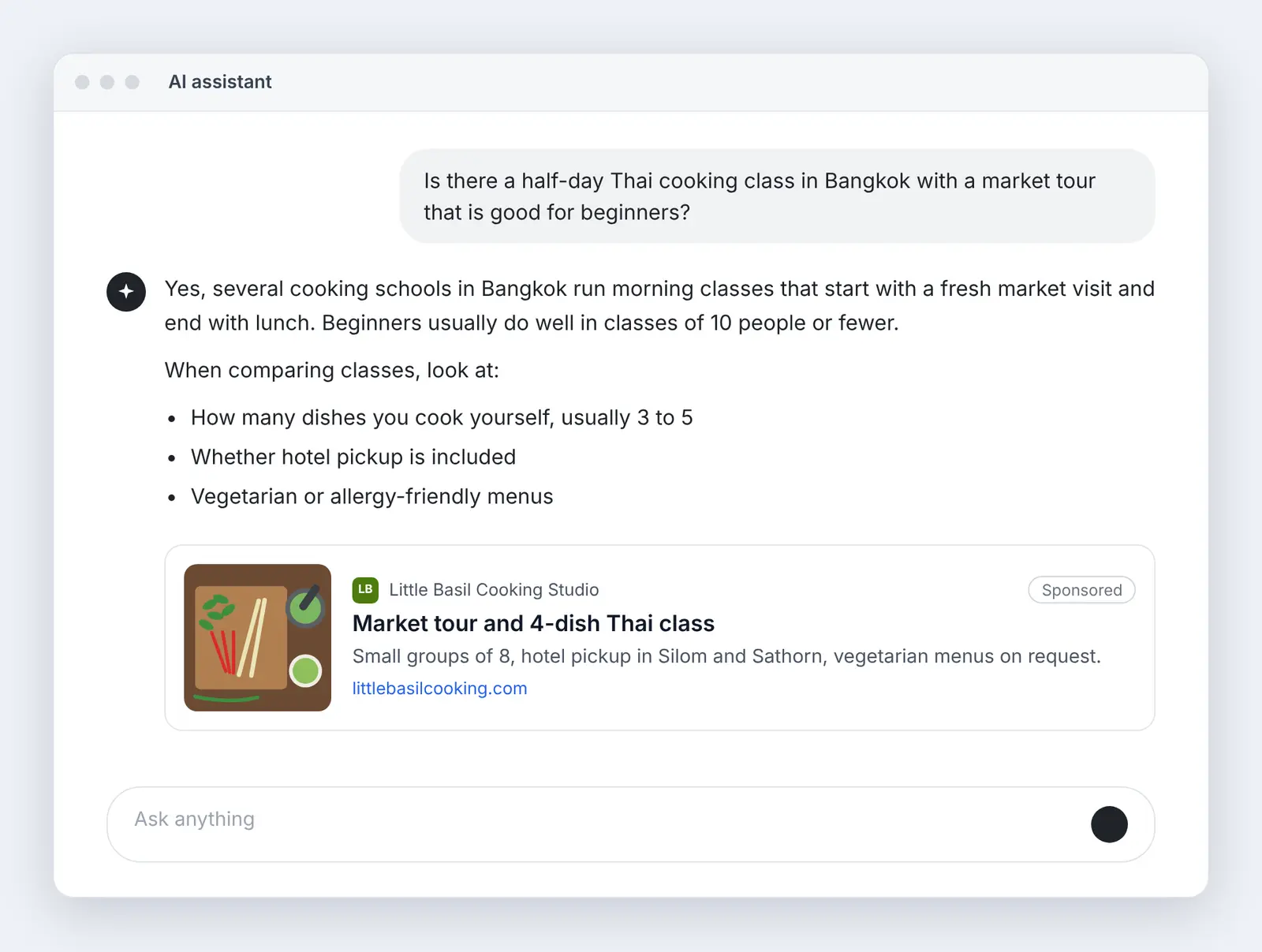 AI chat where a visitor asks about a half-day Thai cooking class with a market tour, with a sponsored ad for a fictional cooking studio offering hotel pickup in Silom and Sathorn.