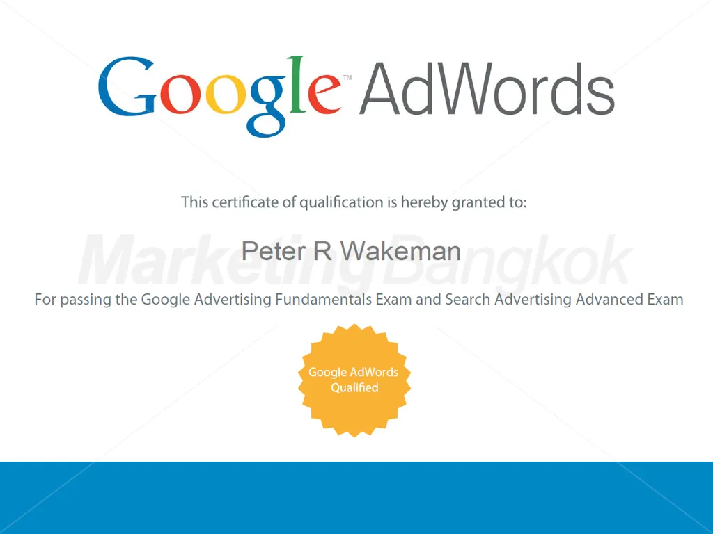 Google AdWords certificate of qualification for Peter R Wakeman