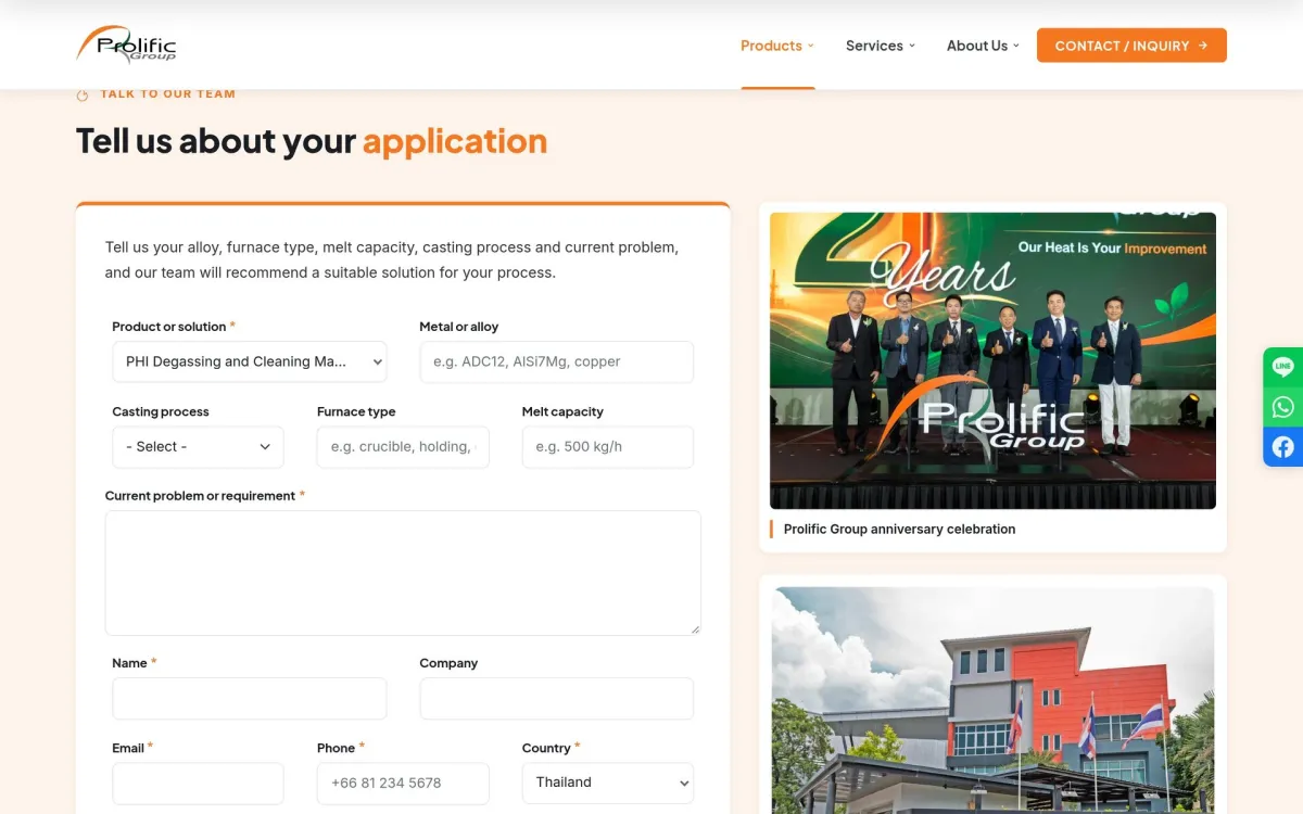 phiheating.com: Quote form with the product filled in automatically