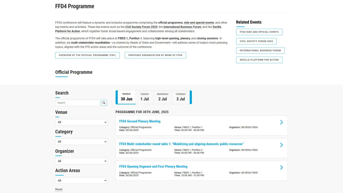 FFD4 conference website: interactive programme with day, venue, category and organiser filters