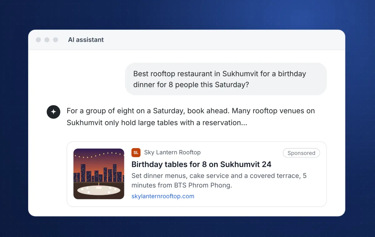 AI chat answering a Sukhumvit rooftop dinner question, with a labelled sponsored ad for a fictional restaurant below the answer