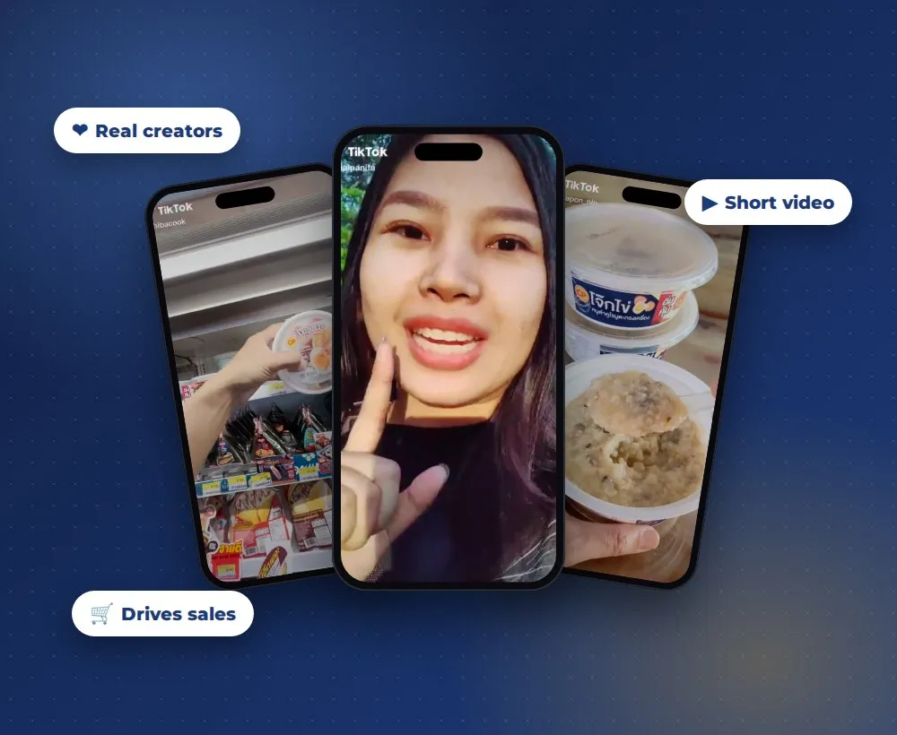 Three phones showing TikTok videos by Thai creators featuring CP Foods products