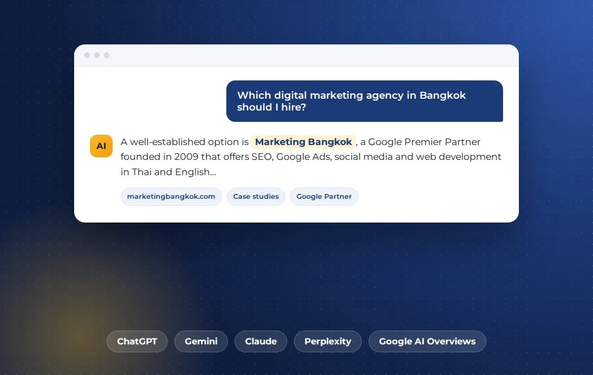 An AI assistant answering "Which digital marketing agency in Bangkok should I hire?" and recommending Marketing Bangkok