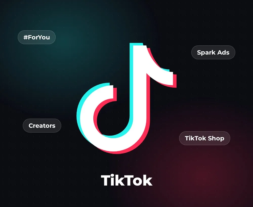 TikTok logo with Spark Ads, creators and TikTok Shop